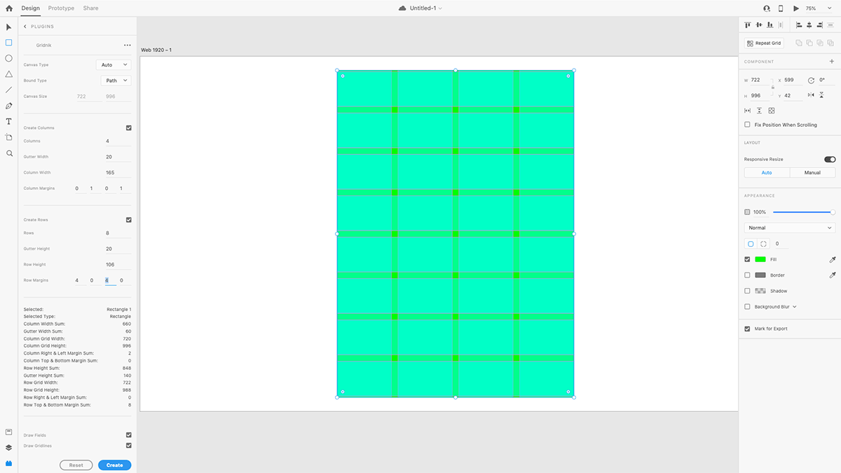 Screenshot of Gridnik open in Adobe XD